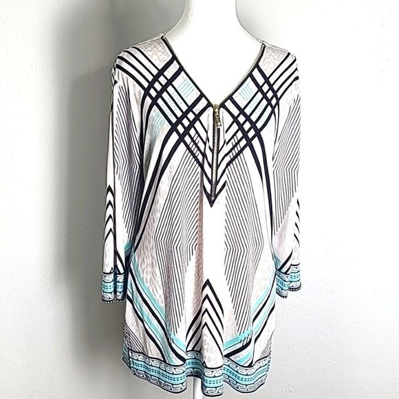 JM Collection Beige Top, Black & Teal Aysemetrical Designs, Zipper Front, Large - Picture 1 of 9